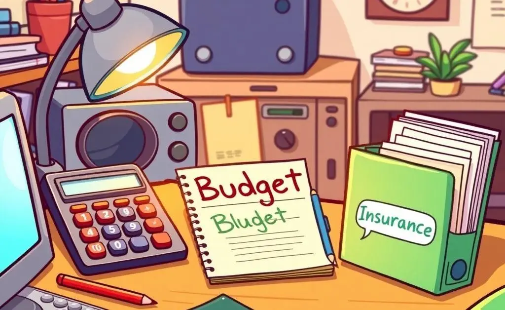 Illustration of a desk with budget planning tools