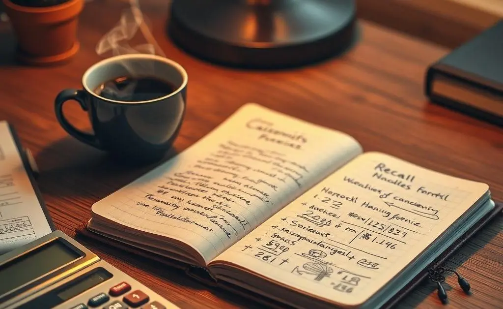 A tabletop with a coffee, notebook, and a calculator for budget planning