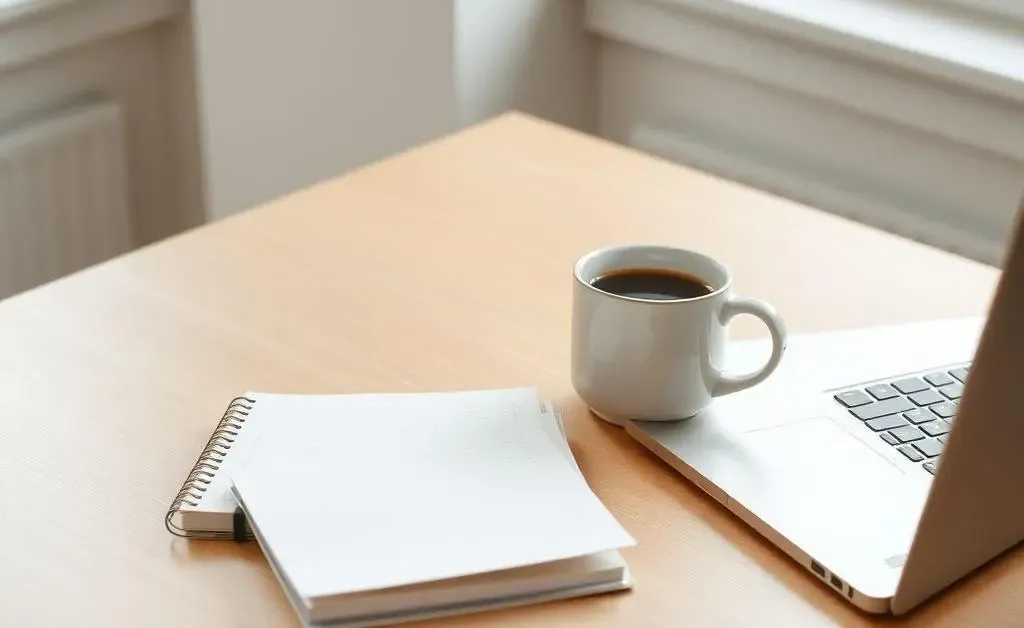 A desk with a budget planner and coffee
