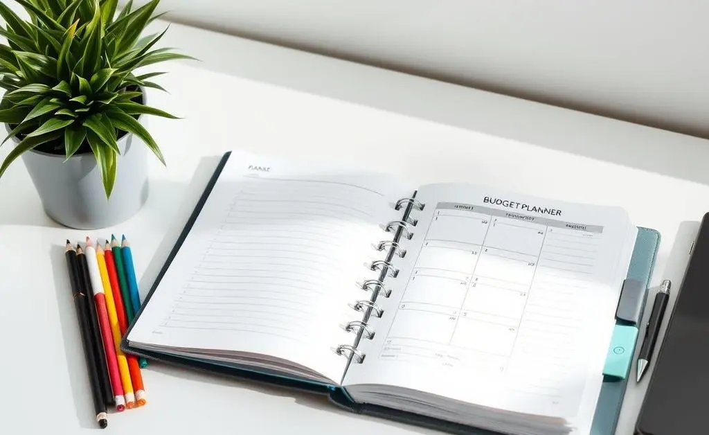 A tidy desk with a budget planner for financial planning