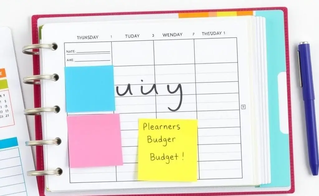 A cheerful budget planner with colorful notes and a calendar beside it.