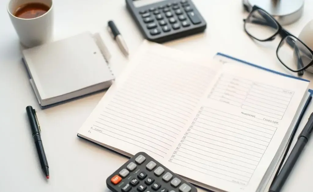 A tidy desk with a checkbook, calculator, and financial planner