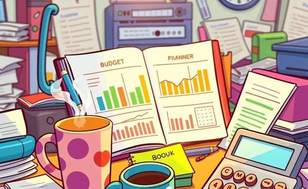A desk with a budget planner and coffee mug