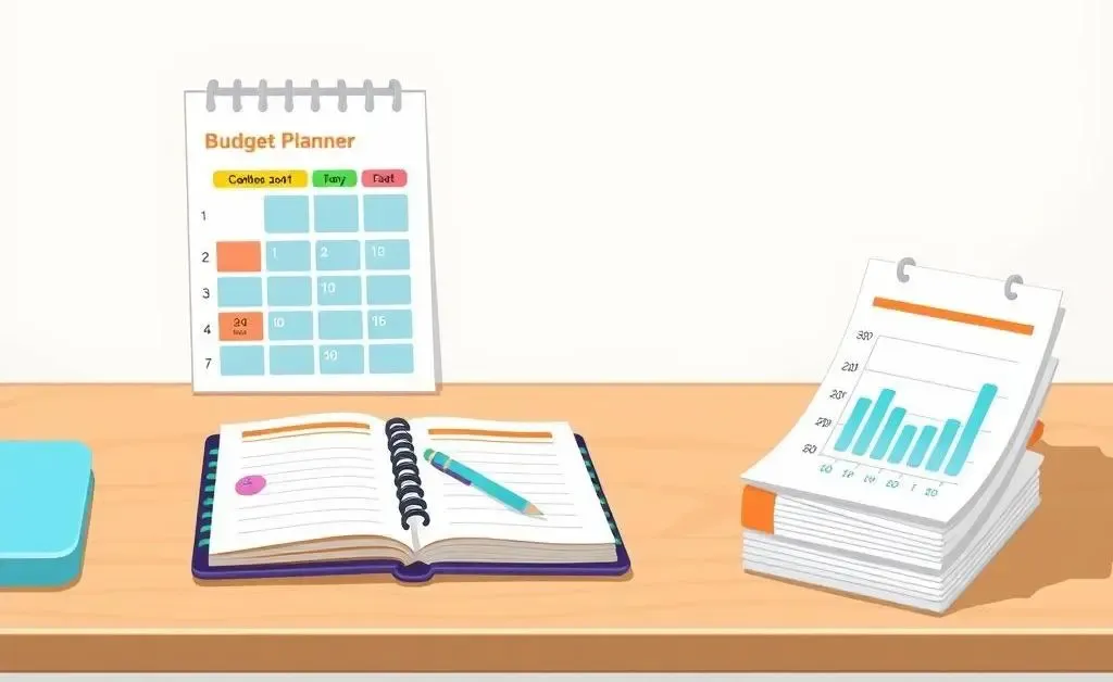 Desk setup with a budget planner and financial documents.