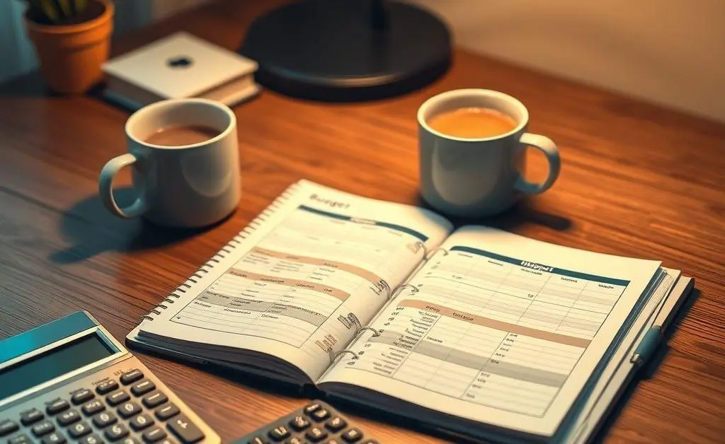 A desk with a budget planner, calculator, and coffee cup.