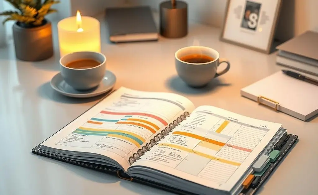 A detailed budget planner on a desk with coffee