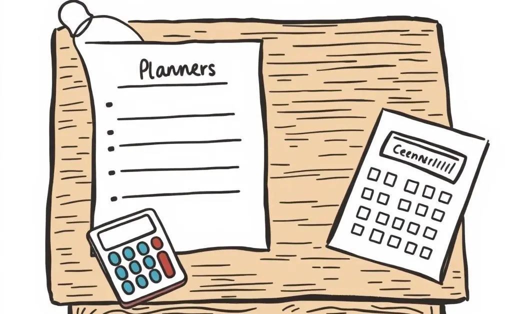 A desk with a budget planner and calculator