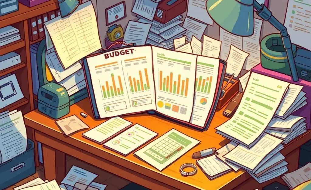 Desk with a budget planner and financial documents
