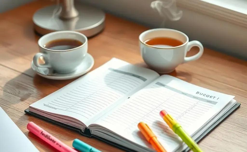 An organized desk with a budget planner, colorful highlighters, and a calming cup of tea