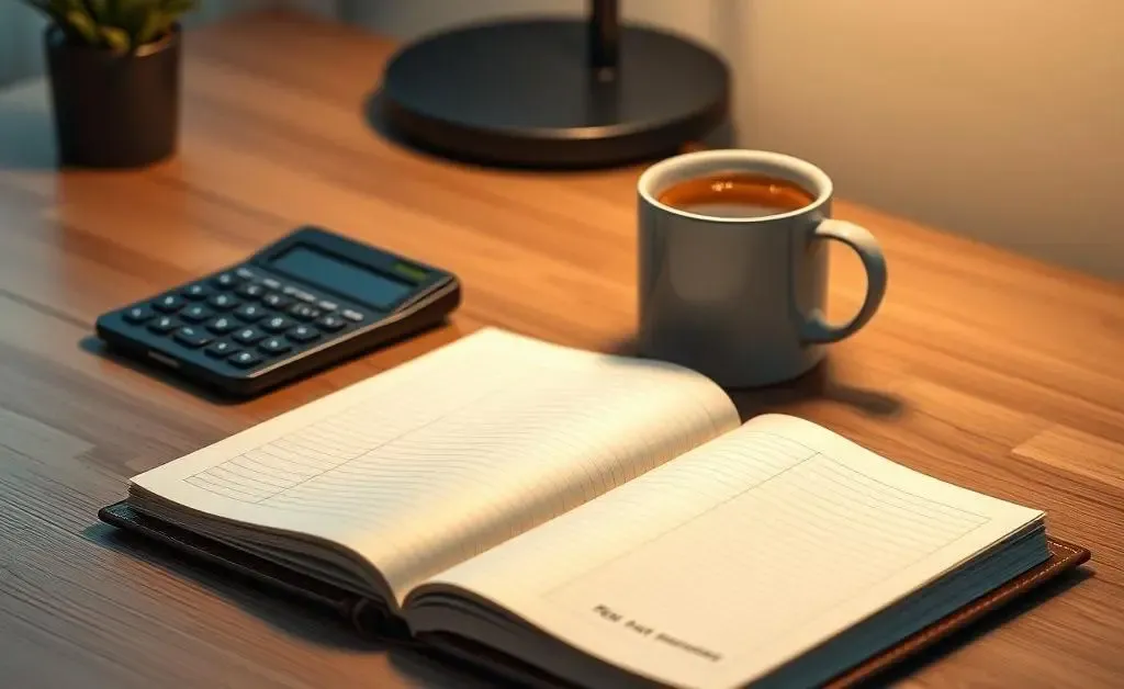 A stylish desk with a notebook, calculator, and a cup of coffee.