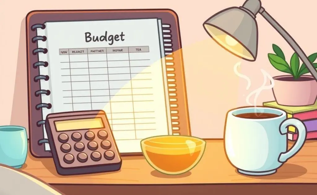 A desk with a budget planner and a calming cup of tea