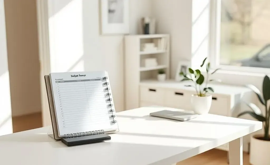 A neat desk with a budget planner and calculator in a bright, minimalist home office.
