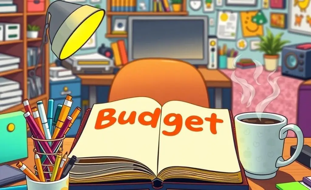 A desk with a budget planner open alongside stationery and coffee