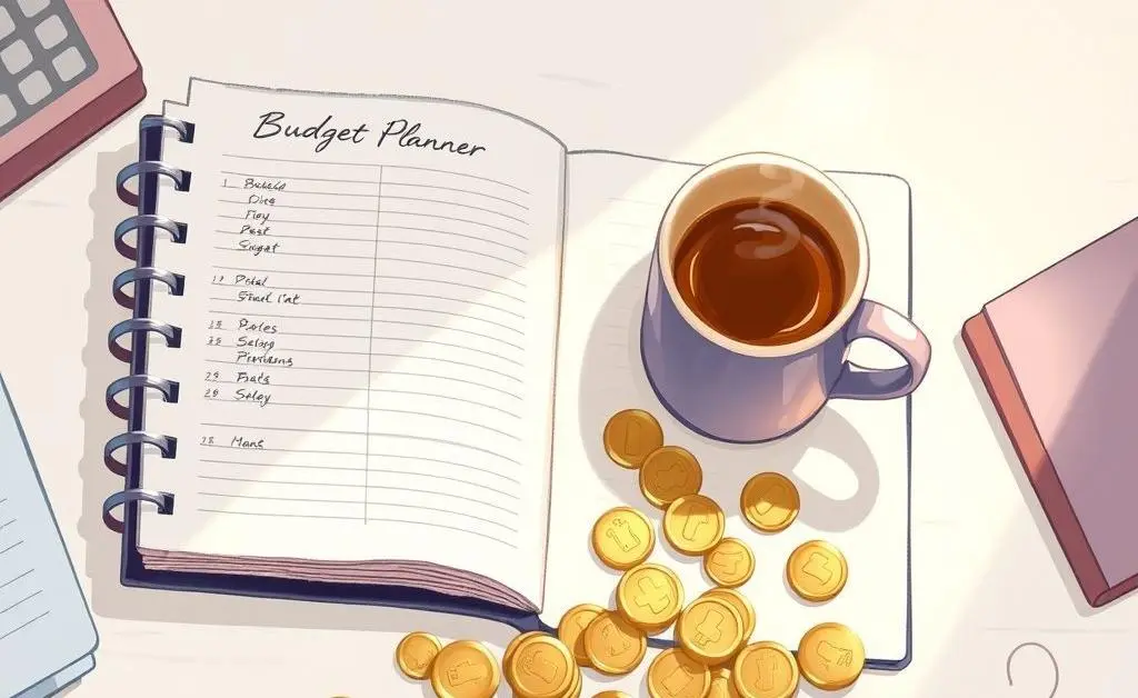 Illustration of a tidy desk with budget planner, scattered coins, and a cup of coffee.