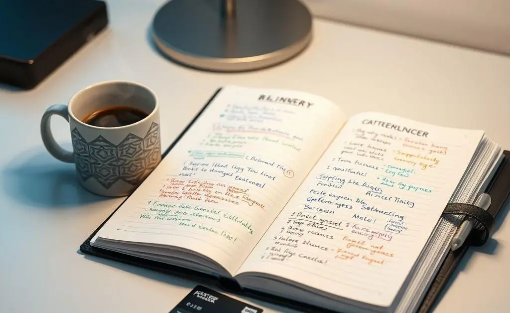 Neatly arranged desk with a planner and a secured credit card