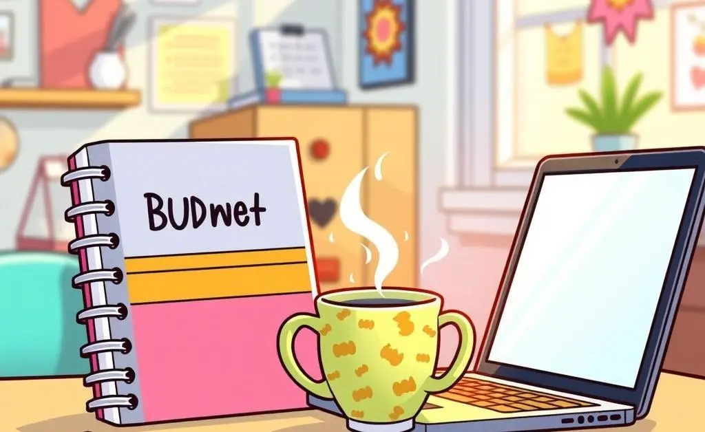 A cartoon-style illustration of a tidy desk with a budget planner, calculator, and coffee cup.