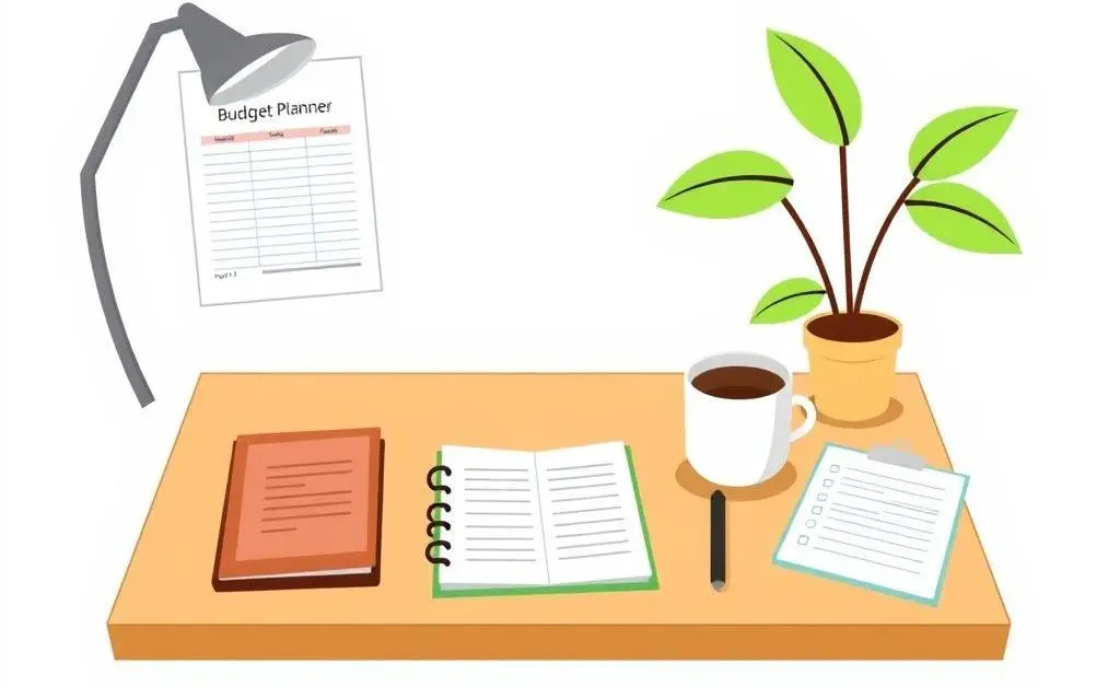 A neat desk with a budget planner, coffee cup, and plant.