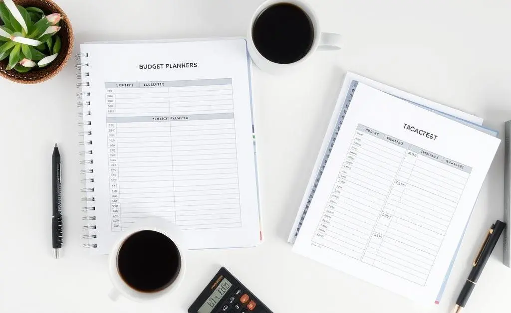 A clean, modern desk setup with budget planners, a calculator, and coffee.