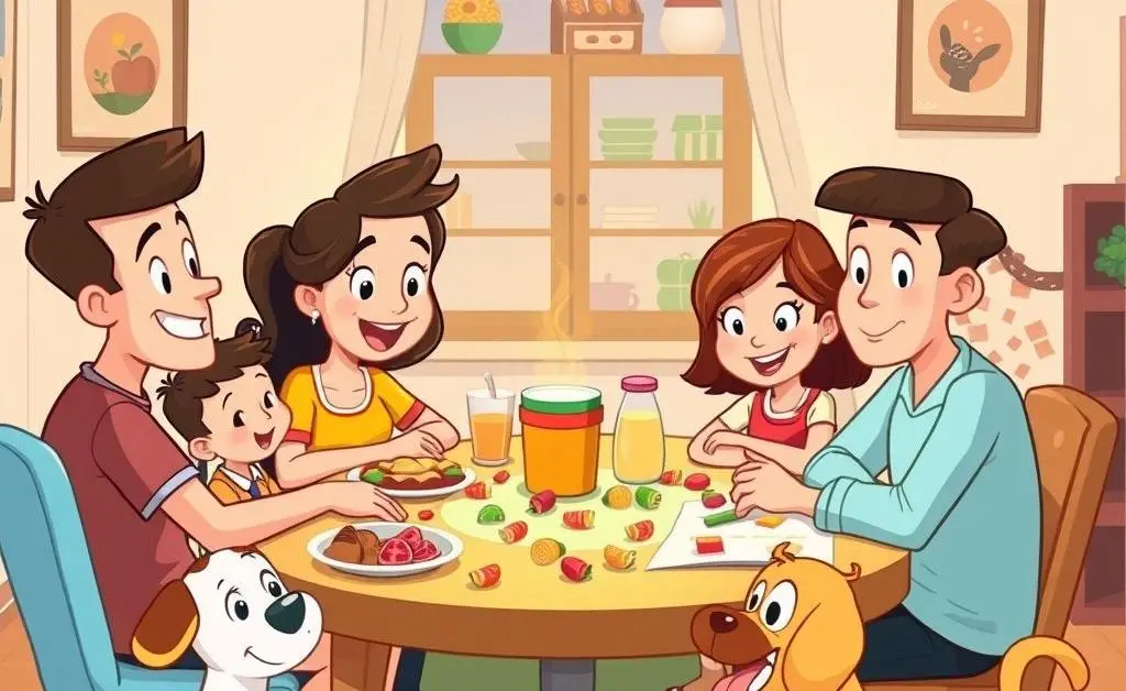 Cartoon family sitting at a dining table planning a budget, with snacks and a cheerful pet dog nearby.