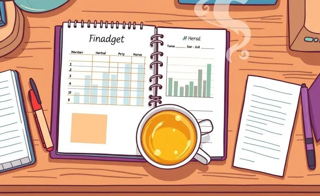 Desk with a budget planner, cup of tea, and stationery