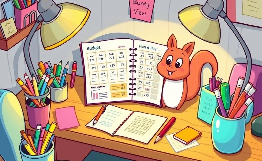A cartoon-style desk with a budget planner and stationery, symbolizing financial planning.