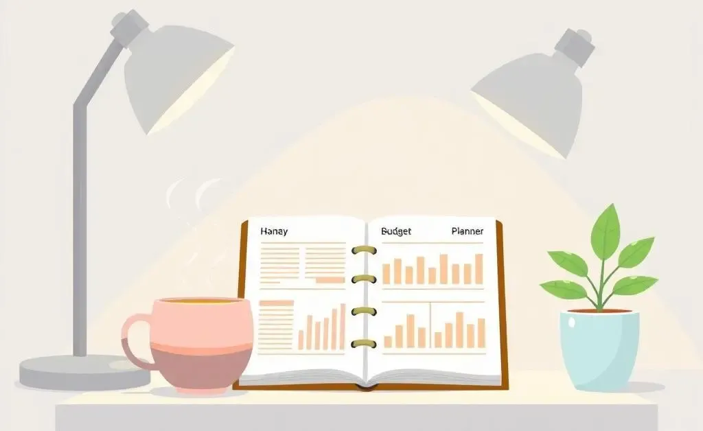 A desk with a budget planner, coffee mug, and plant.