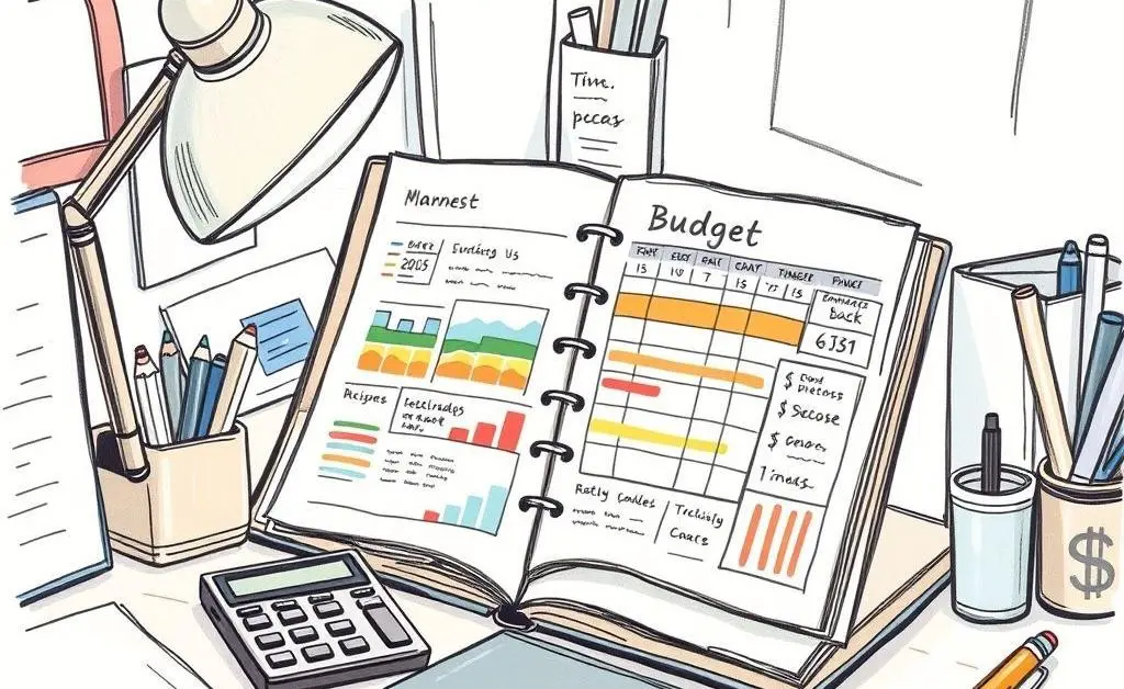 A hand-drawn desk scene with a budget planner and calculator.