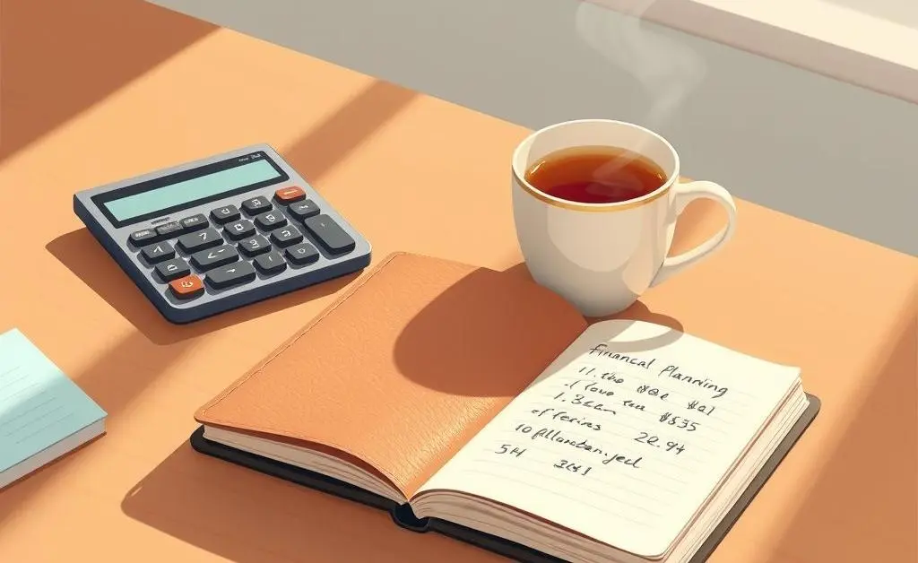 A desk with budgeting tools like a calculator, notebook, and a cup of steaming tea