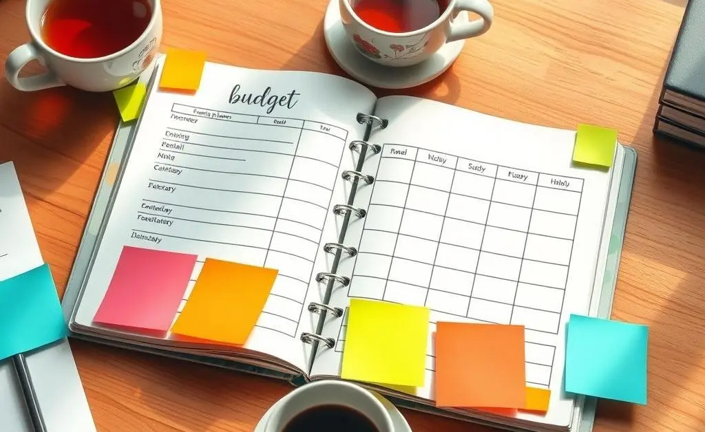 A neat hand-drawn budget planner on a desk with colorful sticky notes and a cup of tea beside it.