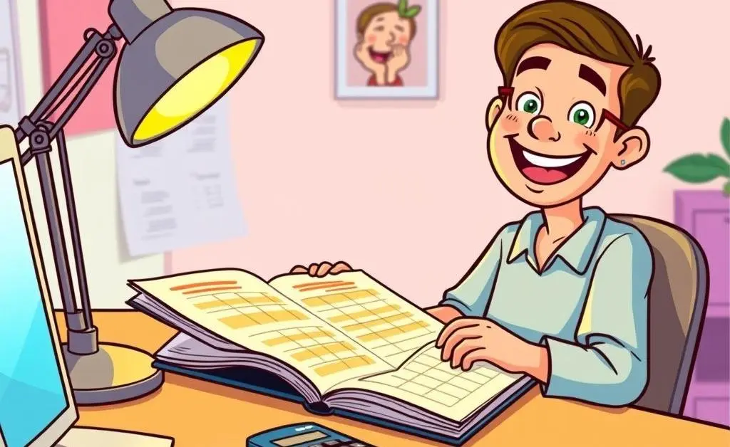 Cartoon of a desk with a budget planner, calculator, and a smiling person.