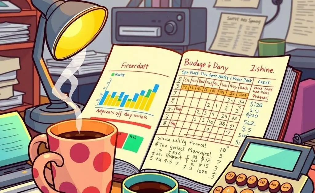 A desk with budget planner and calculator