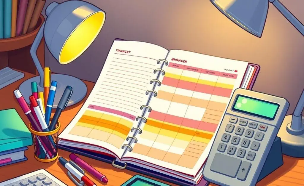 Cartoon-style budget planner on a desk with pens and calculator.