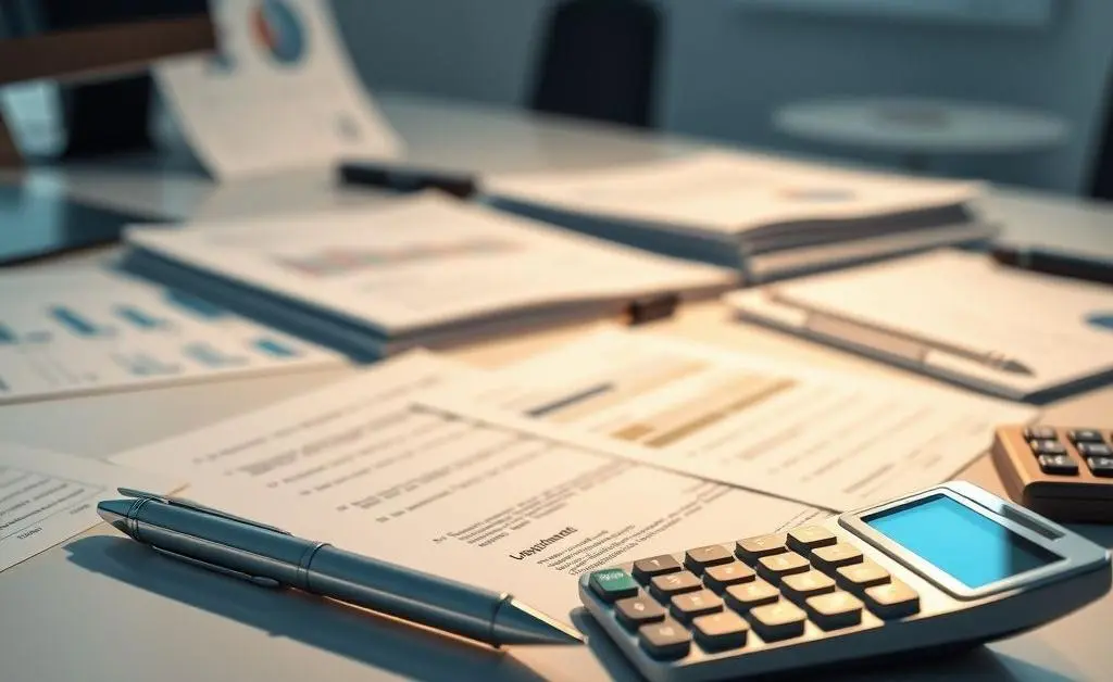 A desk with financial planners, pen, and calculator