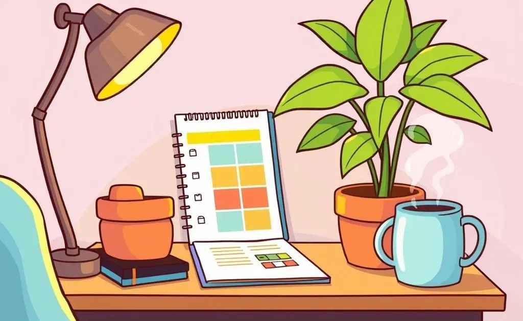 A cozy desk with a budget planner, a plant, and a cup of coffee.