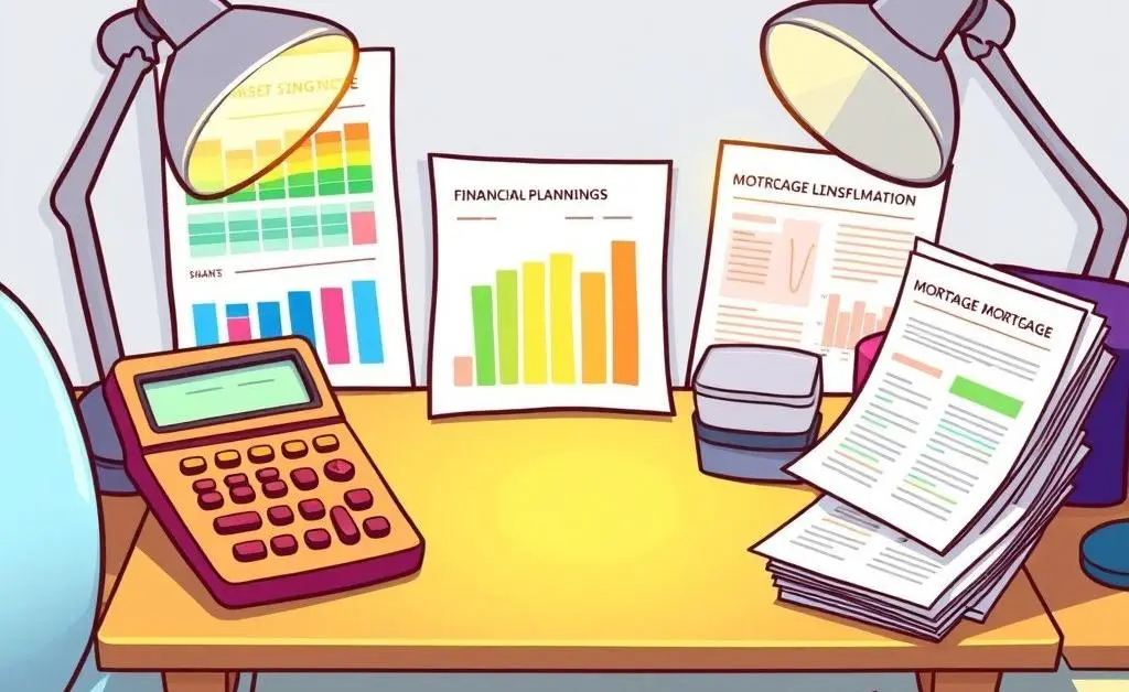 Cartoon-style image of a neat desk with budgeting plans, calculator, and mortgage documents.