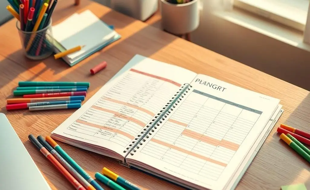 A desk with a printed budget planner, colorful markers, and sticky notes.