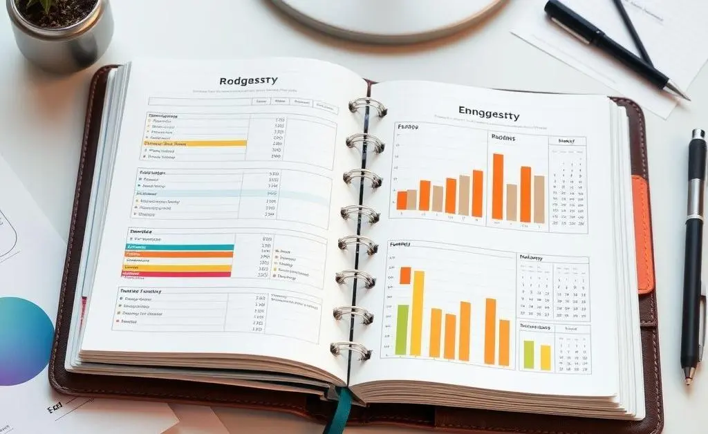An open budget planner with colorful charts and graphs on a tidy desk