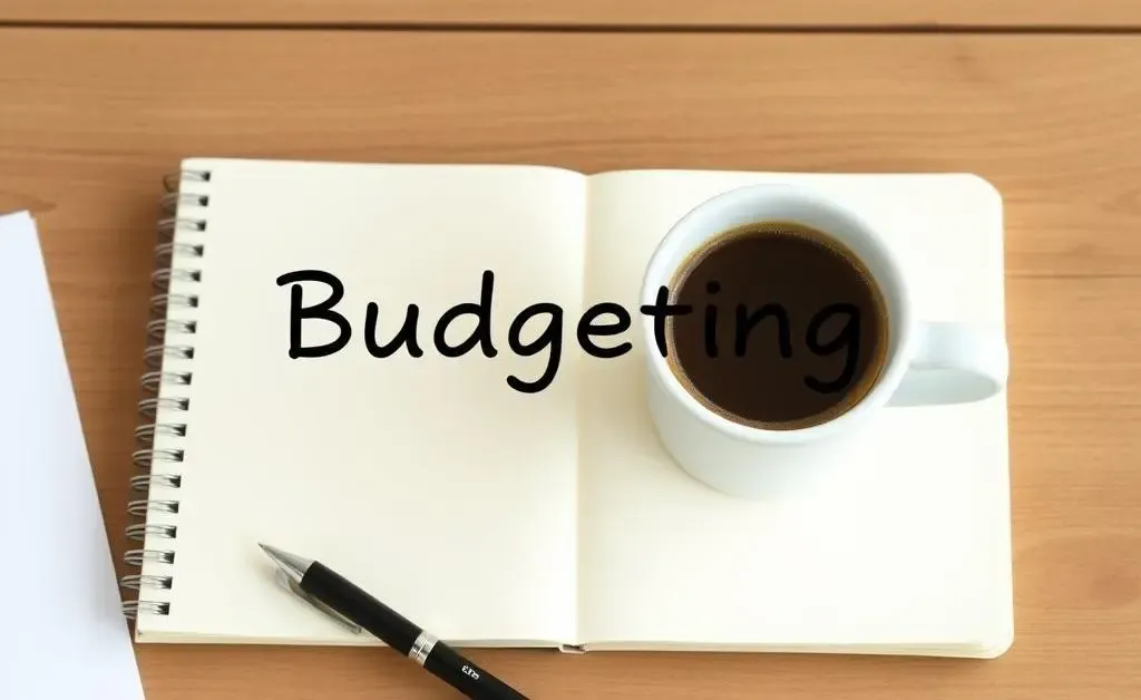 A wooden desk with a notebook, pen, and a coffee cup for budgeting