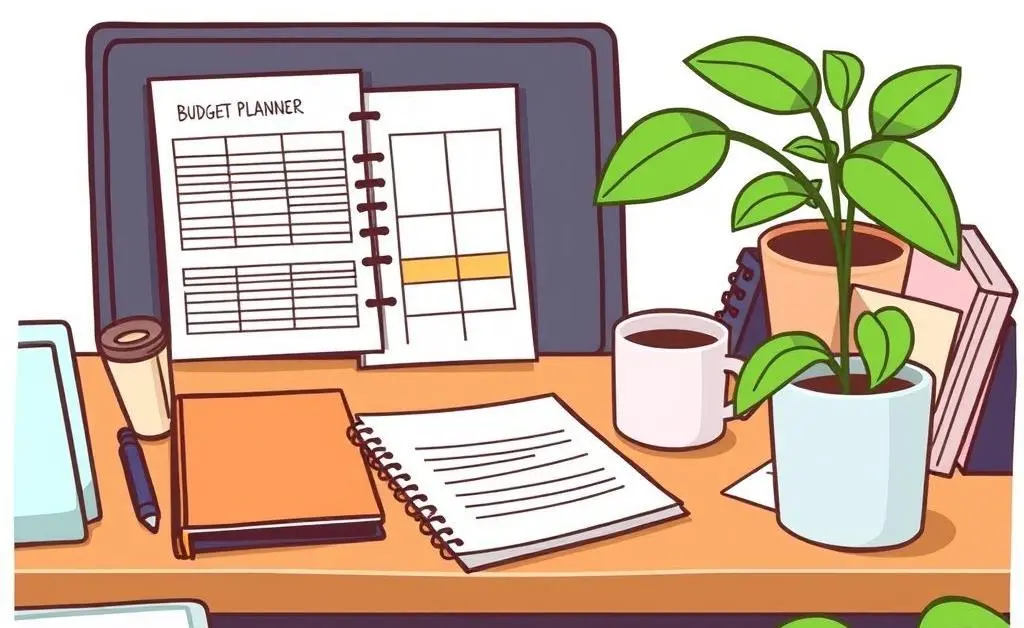 A messy desk with a budget planner and a coffee mug.