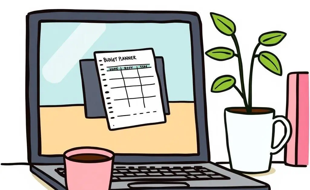 Desk setup with a budget planner on a laptop, a coffee cup, and a green plant.