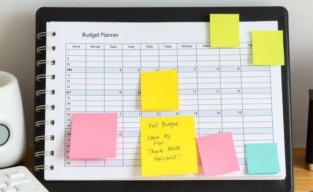 An organized desk with a budget planner, sticky notes, and a calculator