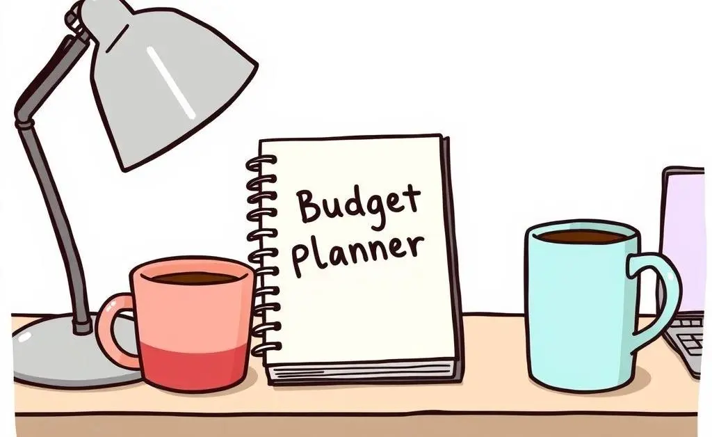 Cartoon of a desk with a budget planner diary, a coffee mug, and a laptop.