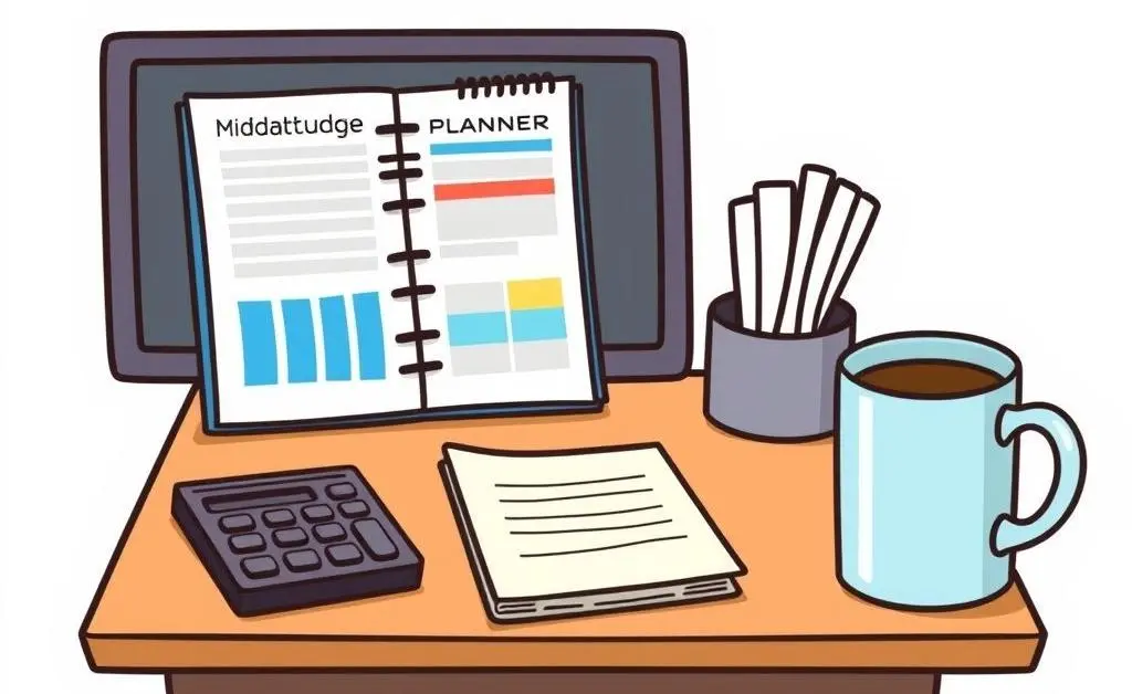 A desk setup with a budget planner and calculator