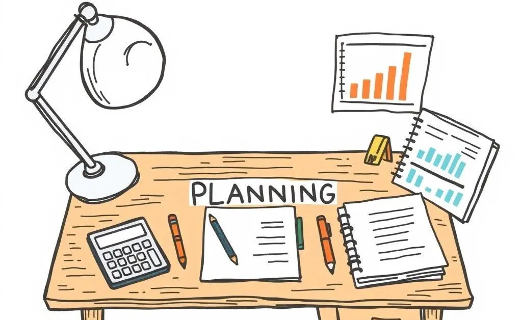 A hand-drawn style image of a desk with financial planning tools like a calculator, notebooks, and charts.