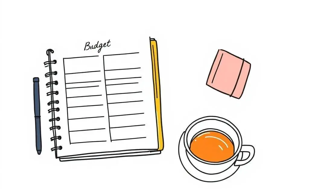 A hand-drawn desk featuring a budget planner, laptop, and a cup of tea.