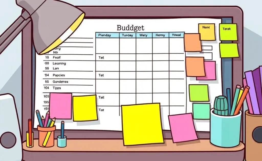 Desk with a budget planner and notes