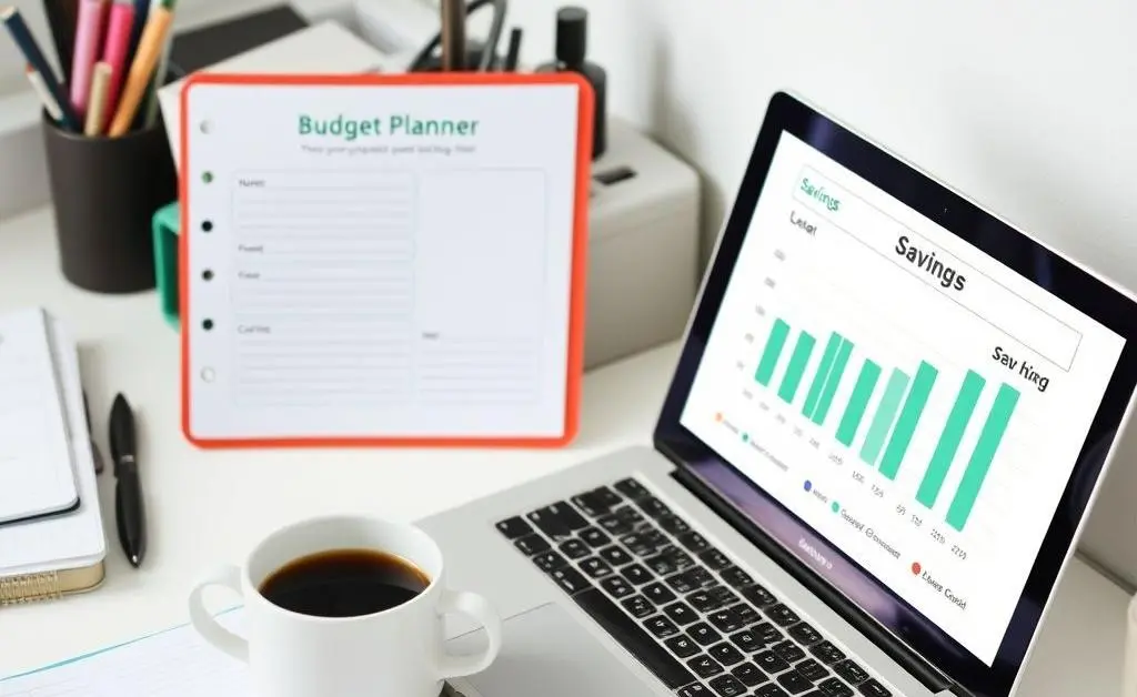 A clutter-free desk with a budget planner and coffee cup.