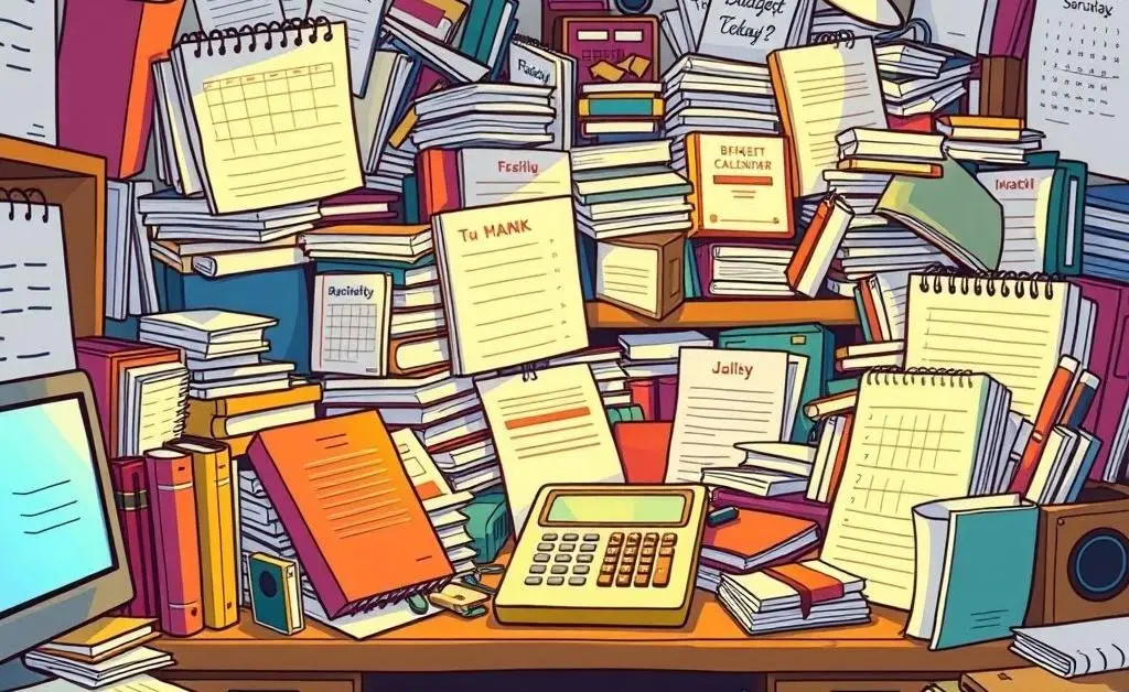 Cartoon of a desk with a budget planner and financial tools