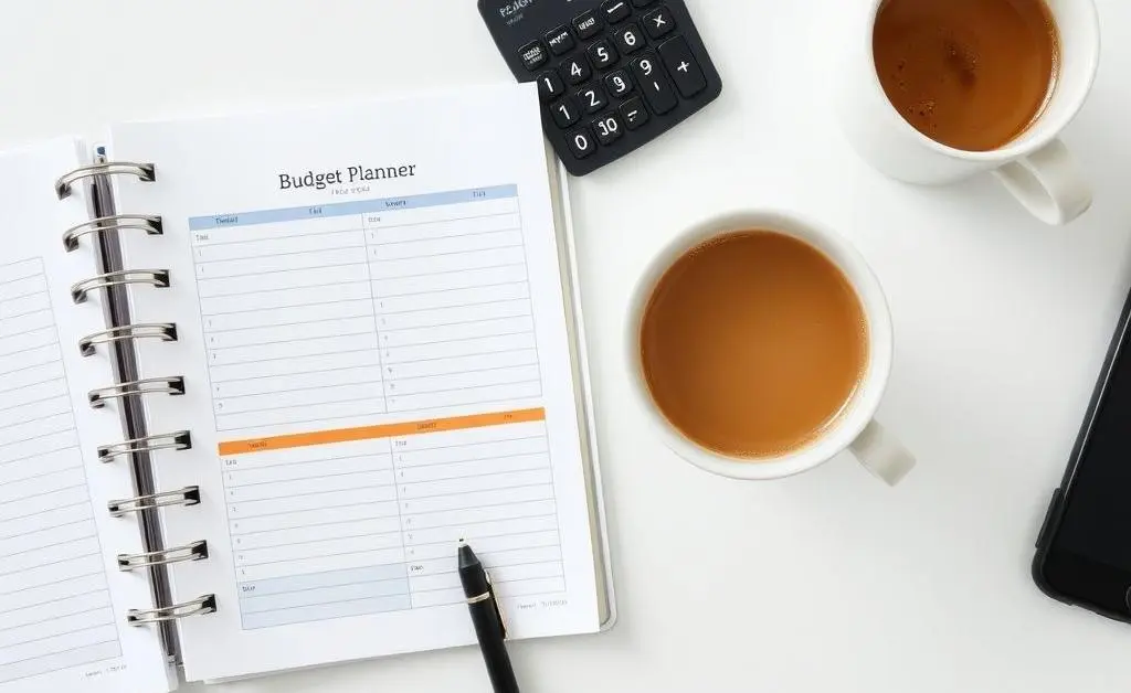 A neat desk with a budget planner, calculator, and a cup of coffee.