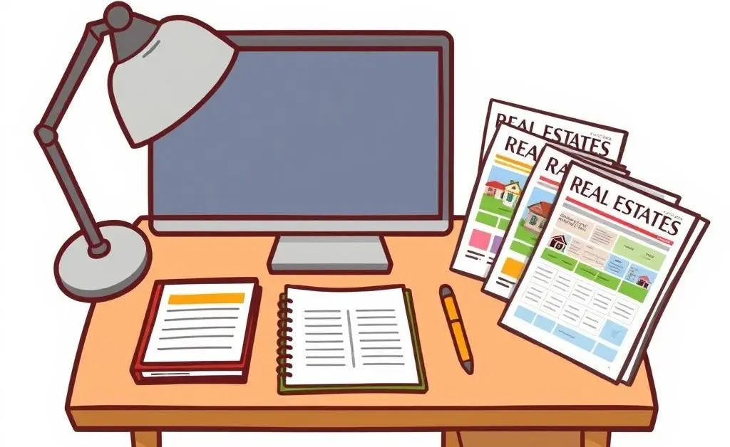 An illustration of a desk with a budget planner and real estate magazines.